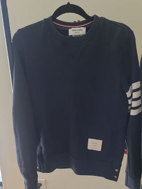 Thom Browne Navy Crewneck with White Sleeve Stripes